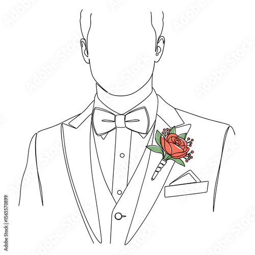 Man in tuxedo with bow tie and rose boutonniere illustration  