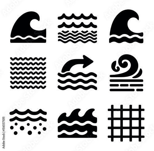 Ocean Wave Icons. Solid, filled icons set of ocean wave patterns: tidal arc, swell field, tsunami wave, ripple