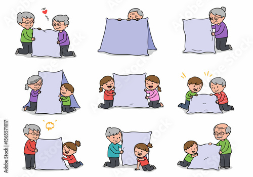 Set of illustrations depicting different people, including children and seniors, holding a large sheet or blanket together.