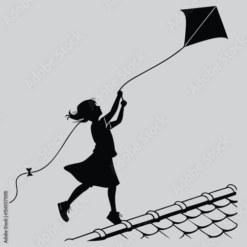 Girl flying kite on rooftop silhouette vector design art and illustration
