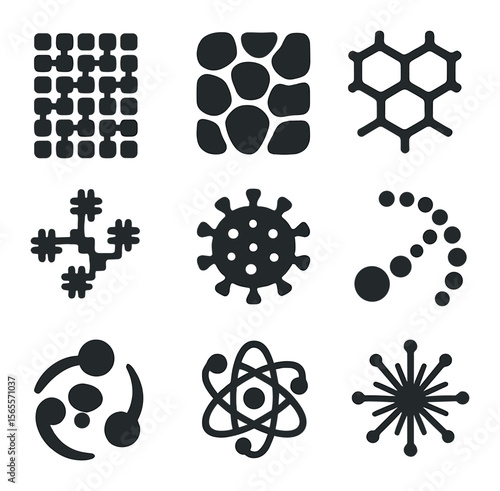 Microstructure Icon Patterns. Solid, filled icons set of microstructure patterns: nano grid, cell wall,