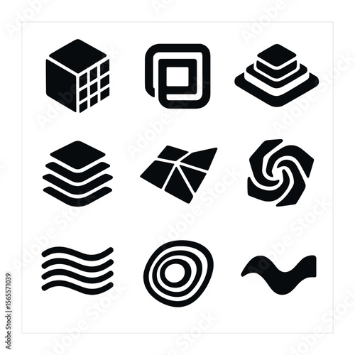 3D Form Icon Set. Solid, filled icons set of 3D form patterns: voxel cube, extrusion loop, height map, depth