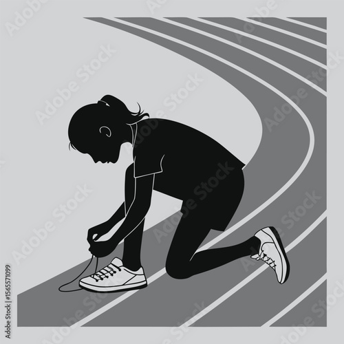 Girl tying shoelace on running track silhouette vector design art and illustration
