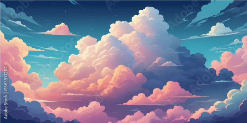Bright, beautiful cumulus clouds drift over blue mountain skies, creating a serene, sunlit cloudscape