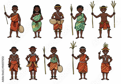 Cartoon illustrations of diverse indigenous people in traditional attire, holding tribal tools and instruments, representing cultural diversity.