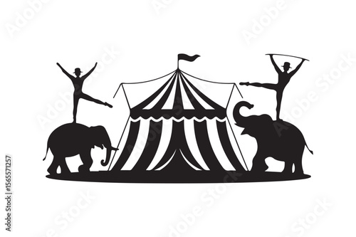 Circus elephants and acrobats performing under a striped tent