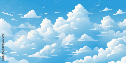 Blue sky with fluffy white clouds, a beautiful sunny day in nature