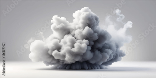 Fluffy white cumulus clouds with an abstract explosion of smoke against a bright blue summer sky