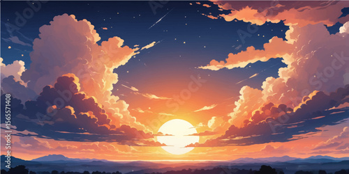 Dramatic mountain landscape at dawn with an orange and blue cloudscape