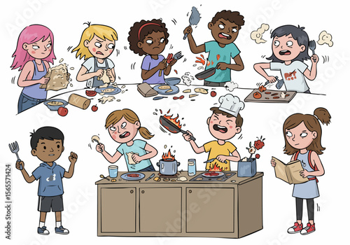 Messy Kitchen Fun: Diverse kids cooking chaos, spills, smoke, and struggles during a humorous attempt at preparing food, illustrating learning and childhood mishaps.