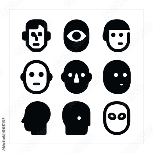 Minimalistic AI Icon Grid. Solid, filled icons set of minimalistic AI heads: geometric face, flat eye, mono