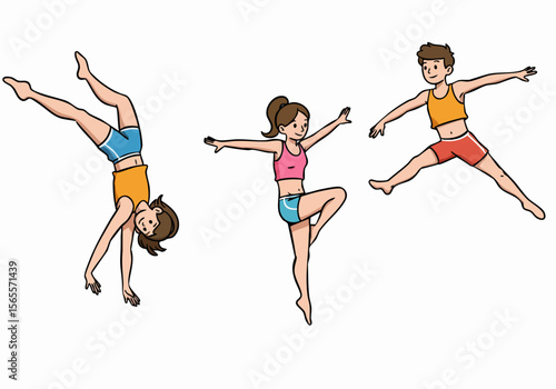 Energetic cartoon children performing acrobatic and dance moves including a cartwheel, balance, and jump on a white background