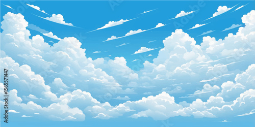 Fluffy white clouds drift across a bright blue sky on a beautiful summer day