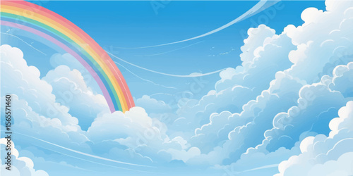 A vibrant rainbow arcs across the sky, its beautiful colors bright against the white clouds and blue day