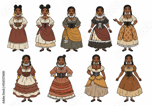 Diverse illustrations of women in elaborate historical and fantasy style dresses featuring various textures, patterns, corsets, and ruffled skirts on a white background.