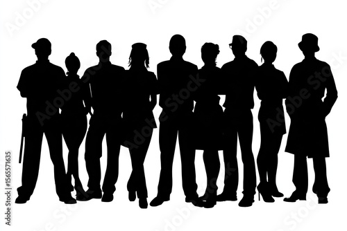 Set people silhouettes of diverse professions standing side by side clean white backdrop detailed outlines full black silhouettes isolated on white background