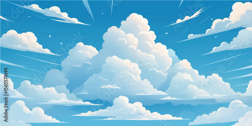 Bright clouds dot a beautiful blue sky in a winter landscape, filled with the light of day