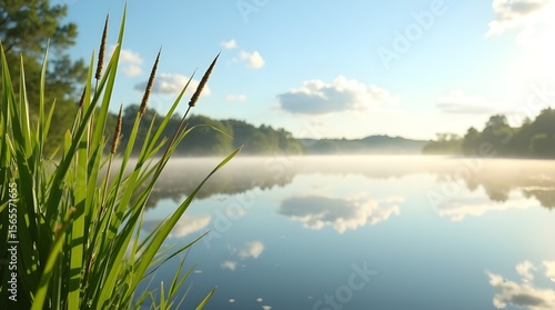 A crisp and realistic photo of tall sunlit reeds swaying beside a calm lake, with soft reflections and distant tree silhouettes mirrored in the water -