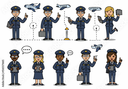 Cartoon illustration depicting diverse airline crew members, including pilots and flight attendants, holding documents and suitcases, with airplane symbols.