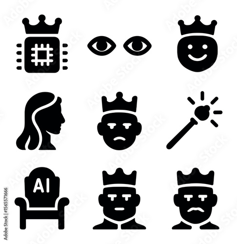 Royal AI Avatars. Solid, filled icons set of royal AI avatars: crown chip, majestic eyes, royal smile, regal