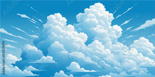 Beautiful fluffy white clouds drift across a clear blue sky on a bright summer day