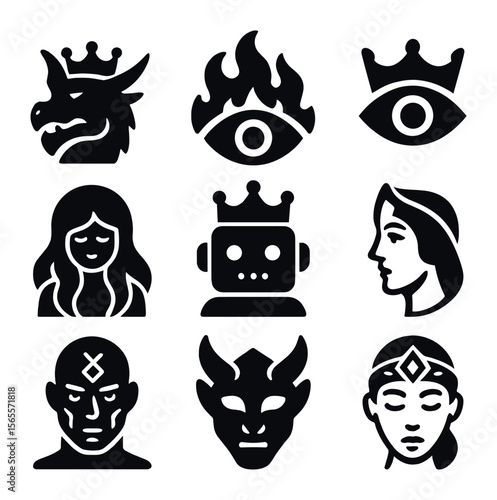 Fantasy Icon Set. Solid, filled icons set of AI royalty fantasy: dragon crown, fire gaze, gold eye, enchanted