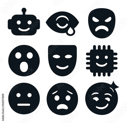 AI Expression Icons. Solid, filled icons set of AI expressions: happy bot, sad eye, angry face, surprised jaw,