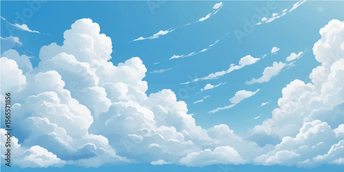 Bright blue sky with fluffy white cumulus clouds on a clear, sunny day