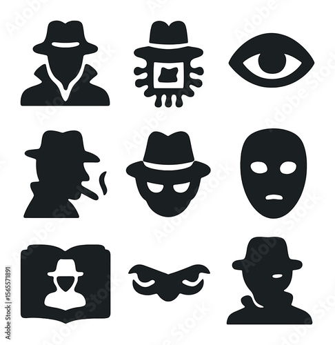 Noir Detective Icons. Solid, filled icons set of detective noir AI: trenchcoat face, fedora chip, shadow eye,