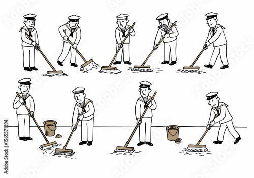 Cartoon illustration of sailors sweeping, depicting various attitudes towards manual labor and routine chores aboard a ship.