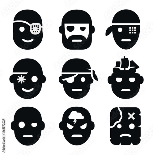 Pirate AI Avatars. Solid, filled icons set of pirate AI avatars: eye patch chip, beard jaw, hook mask,