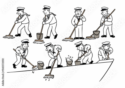 Cartoon illustration depicting various sailors cleaning the deck of a ship with mops and buckets