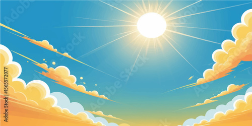 Blue sky with bright sun and white clouds, a beautiful sunny day