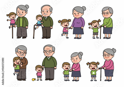 Cheerful cartoon illustrations of grandparents bonding with their grandchildren, depicting happy family moments and intergenerational relationships on a white background.