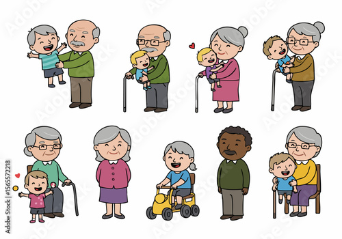 Cartoon illustrations depicting diverse grandparents interacting happily with their young grandchildren, showcasing love, connection, and intergenerational bonding.