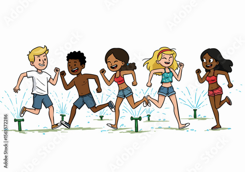 Cartoon illustration of diverse kids enjoying playful run through garden sprinklers, summer fun