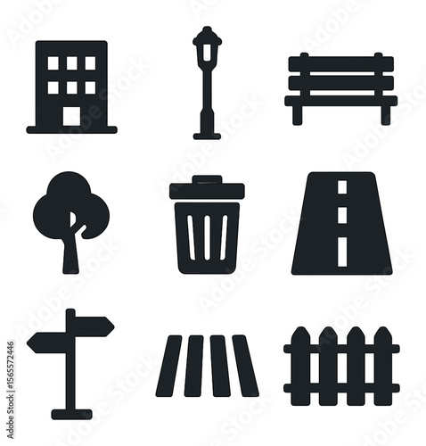 Urban Icon Grid. Solid, filled icons set of minimalist urban elements: building, lamp post, bench, tree, trash