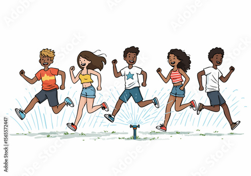 Diverse group of happy children running and playing through a water sprinkler on a summer day.