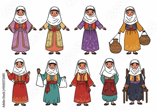 Set of diverse cartoon women illustrations wearing colorful traditional ethnic clothing and headscarves in various poses.