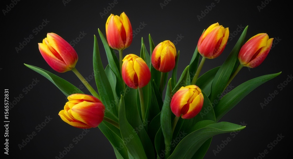 Obraz premium Vibrant red and yellow tulips arranged in a bouquet against a dark background