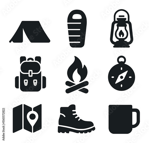 Minimalist Camping Icons. Solid, filled icons set of minimalist camping gear: tent, sleeping bag, lantern,