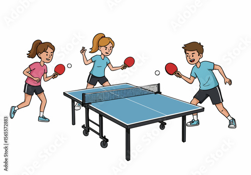 Illustration of three young people, two girls and a boy, happily playing table tennis together, enjoying the sport and friendly competition.