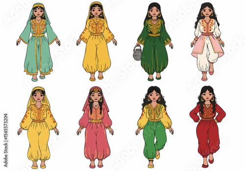 Set of Illustrated Women Wearing Traditional Middle Eastern or North African Clothing with Headscarves and Intricate Embroidery