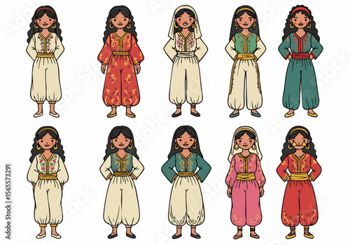 Collection of diverse cartoon women wearing traditional Middle Eastern and North African clothing with embroidery and various styles, set on a white background.