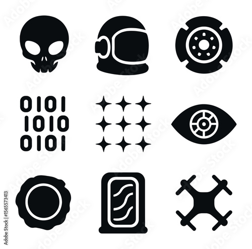 Sci-Fi Icons Grid. Solid, filled icons set of sci-fi collage: alien skull, space helmet, reactor glow, code