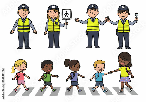 Illustrations of school crossing guards helping children cross the street safely at a pedestrian crossing.