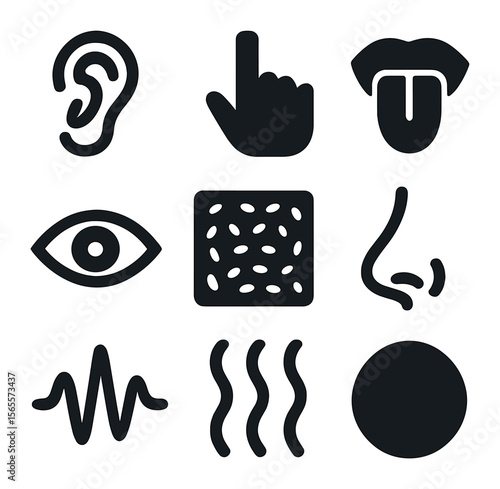 Sensory Icons Grid. Solid, filled icons set of sensory collage: ear sketch, touch hand, taste mark, nose line,