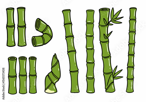 Collection of green bamboo stems, shoots, and leaves in a cartoon illustration style, isolated on a white background.