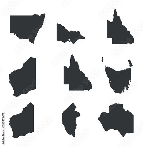 Australian State Maps Icons. Solid, filled icons set of Australian state maps: New South Wales, Victoria,