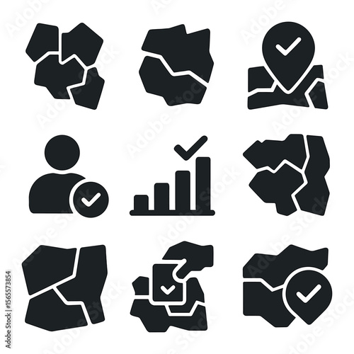 Voting Icons Grid. Solid, filled icons set of voting district maps: precincts, districts, polling station pin,
